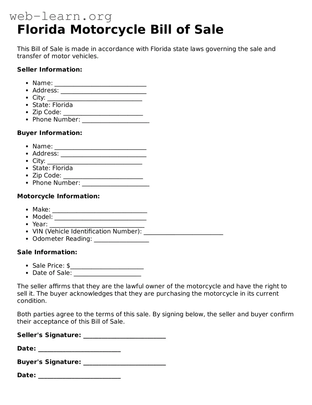 Attorney-Approved Motorcycle Bill of Sale Document for the State of Florida