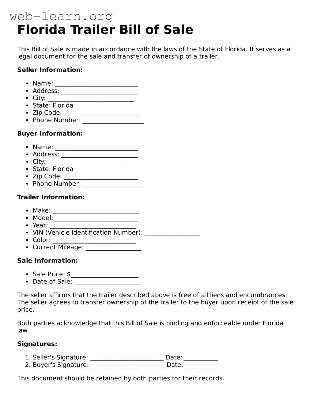 Attorney-Approved Trailer Bill of Sale Document for the State of Florida