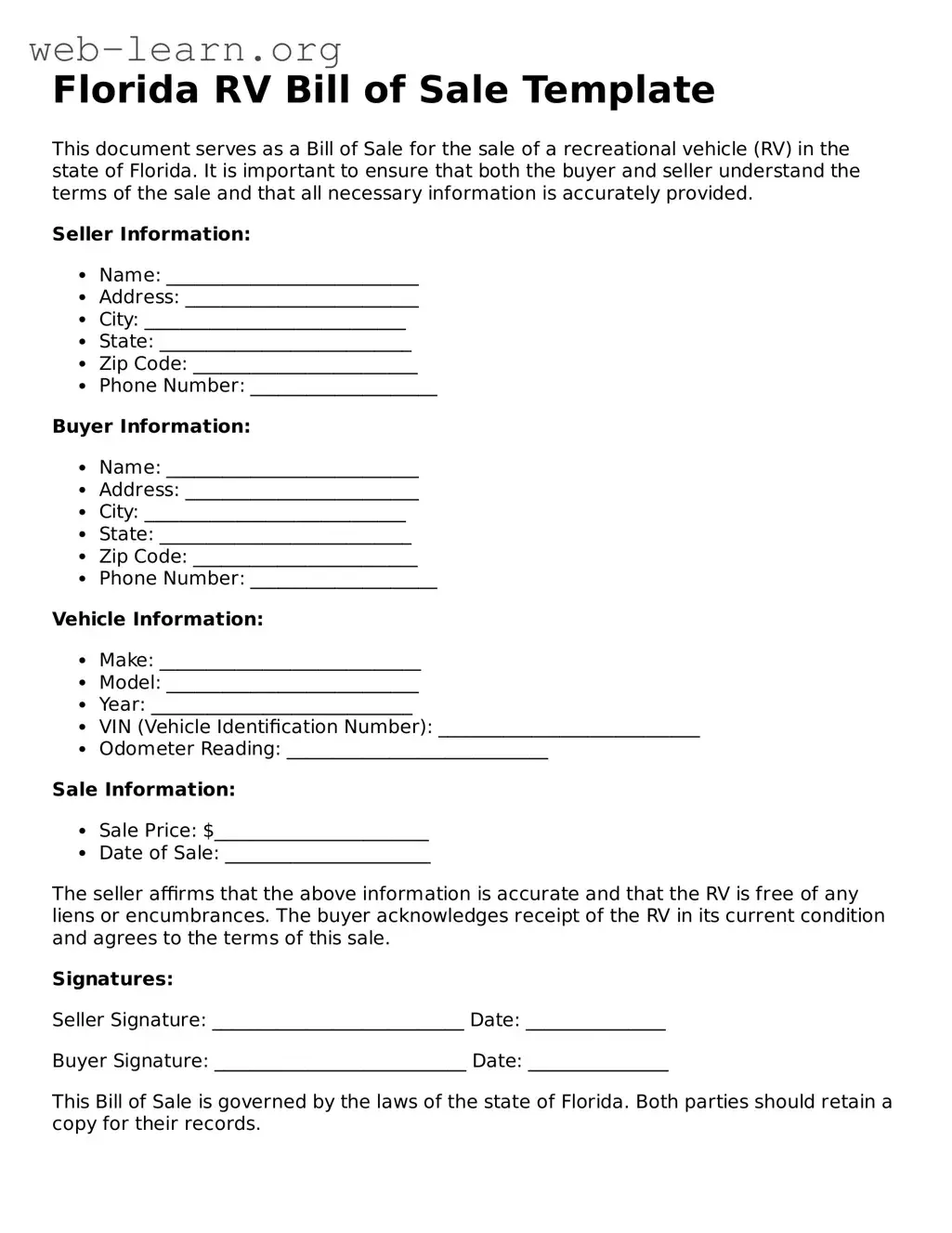 Attorney-Approved RV Bill of Sale Document for the State of Florida