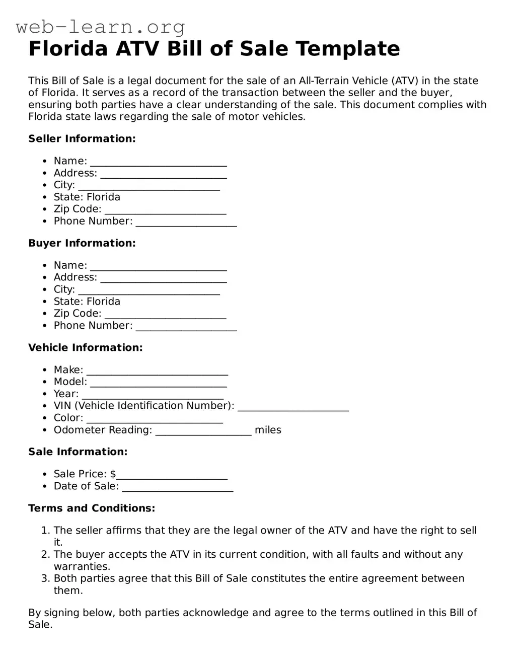 Attorney-Approved ATV Bill of Sale Document for the State of Florida