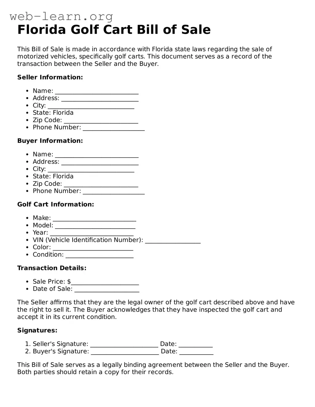 Attorney-Approved Golf Cart Bill of Sale Document for the State of Florida