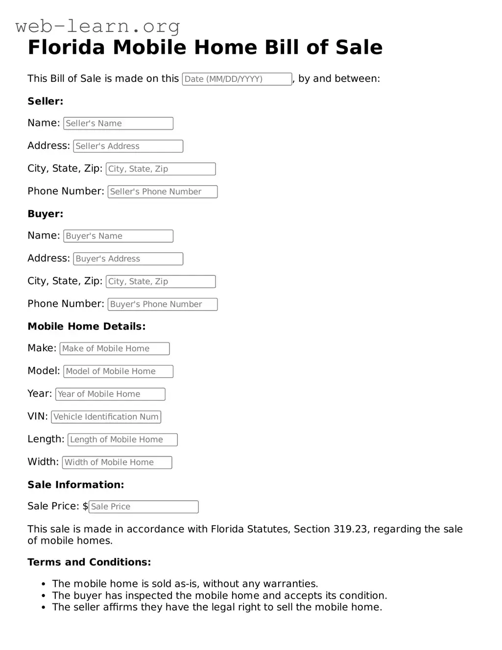Attorney-Approved Mobile Home Bill of Sale Document for the State of Florida