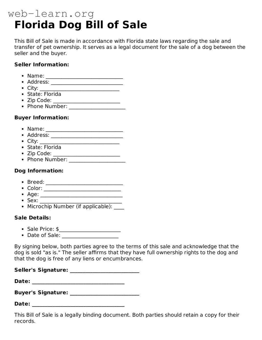 Attorney-Approved Dog Bill of Sale Document for the State of Florida