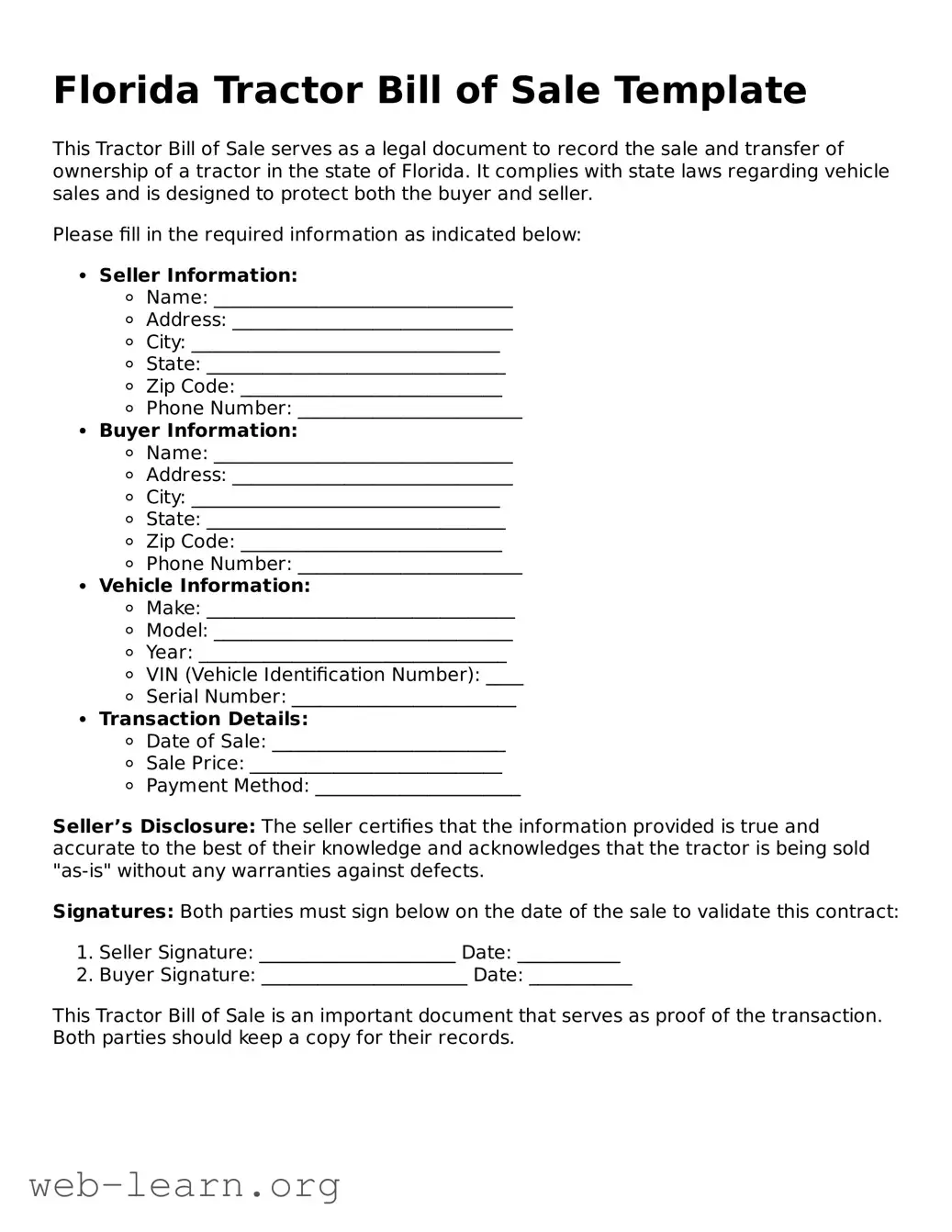 Attorney-Approved Tractor Bill of Sale Document for the State of Florida