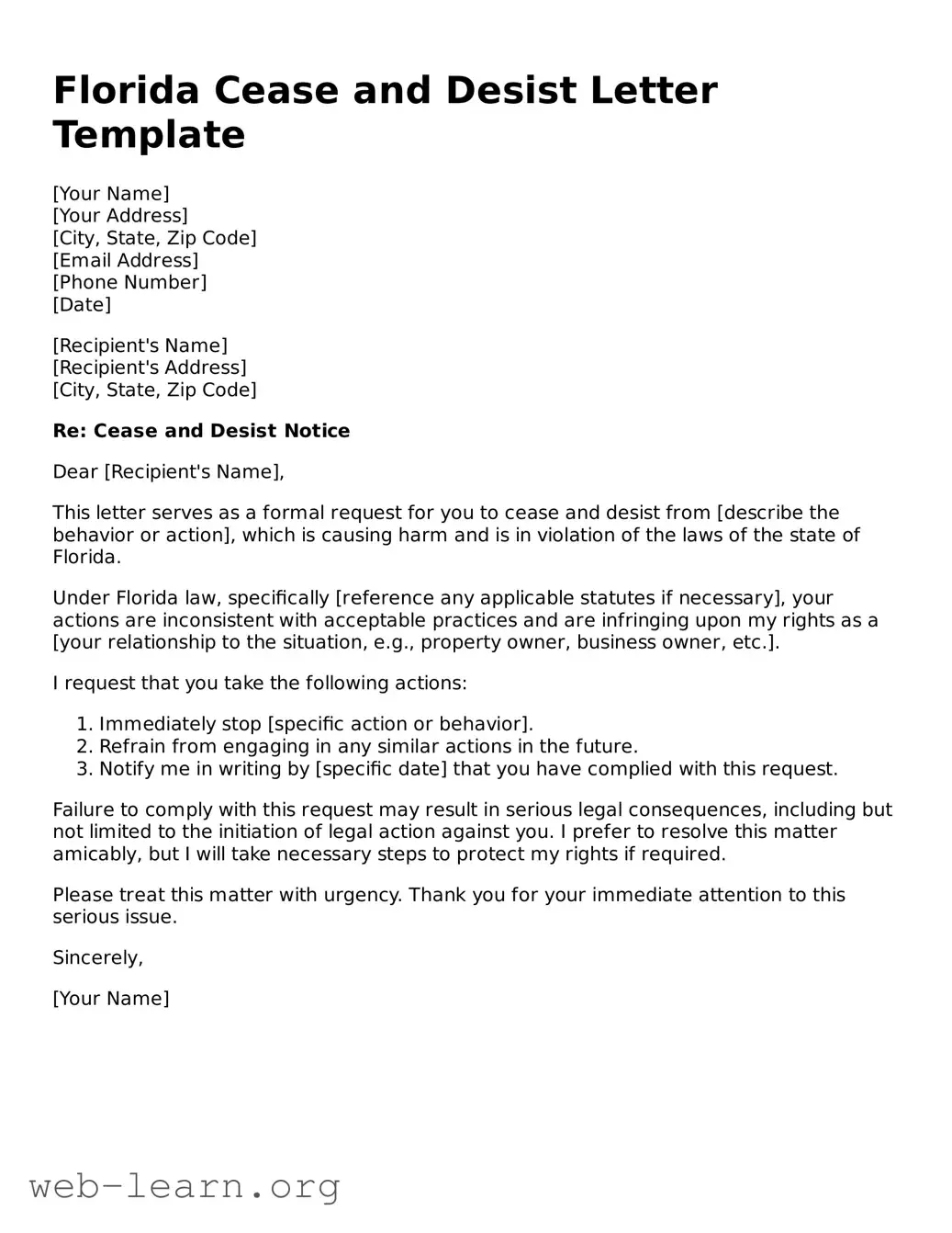 Attorney-Approved Cease and Desist Letter Document for the State of Florida