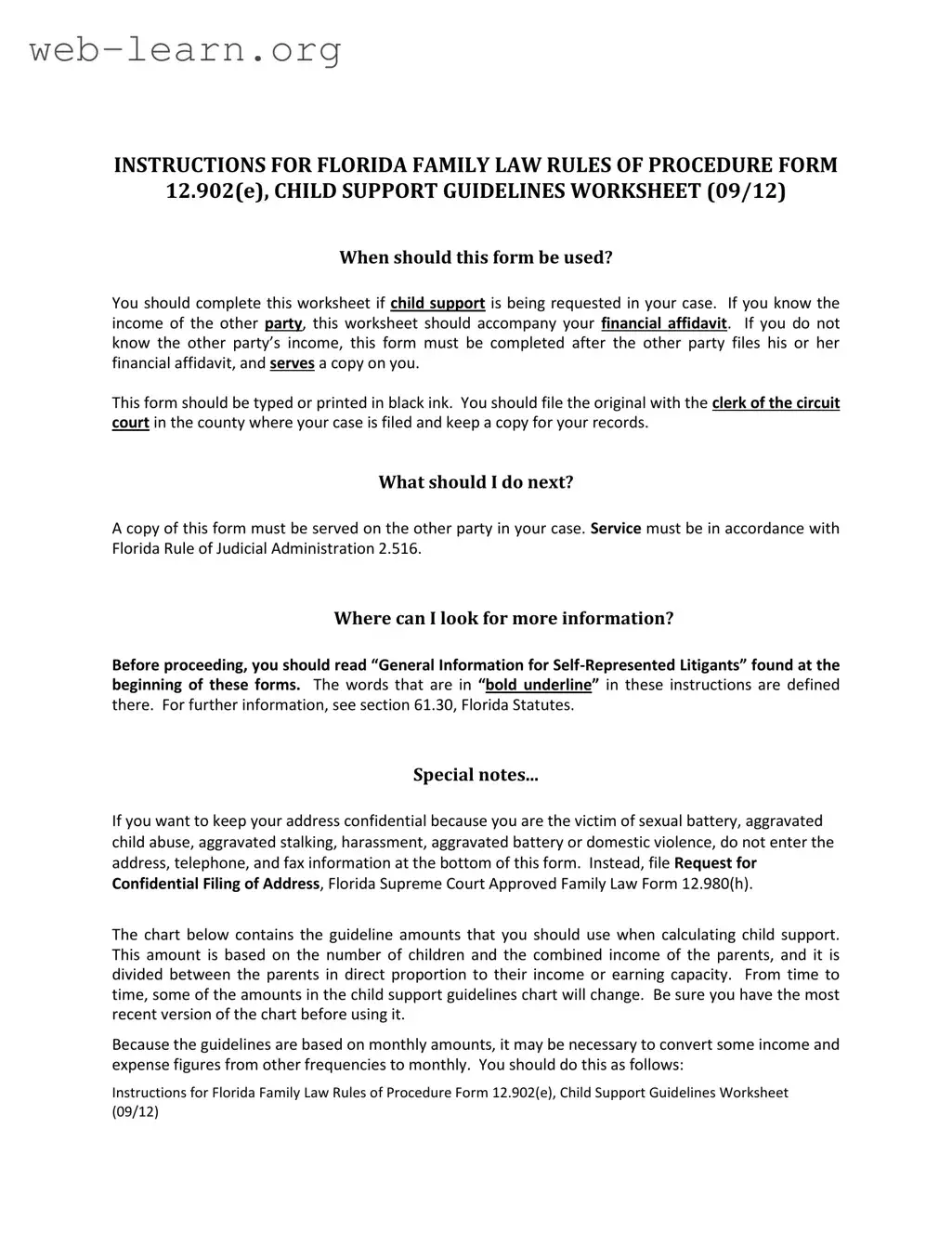 Blank Florida Child Support Calculator Form