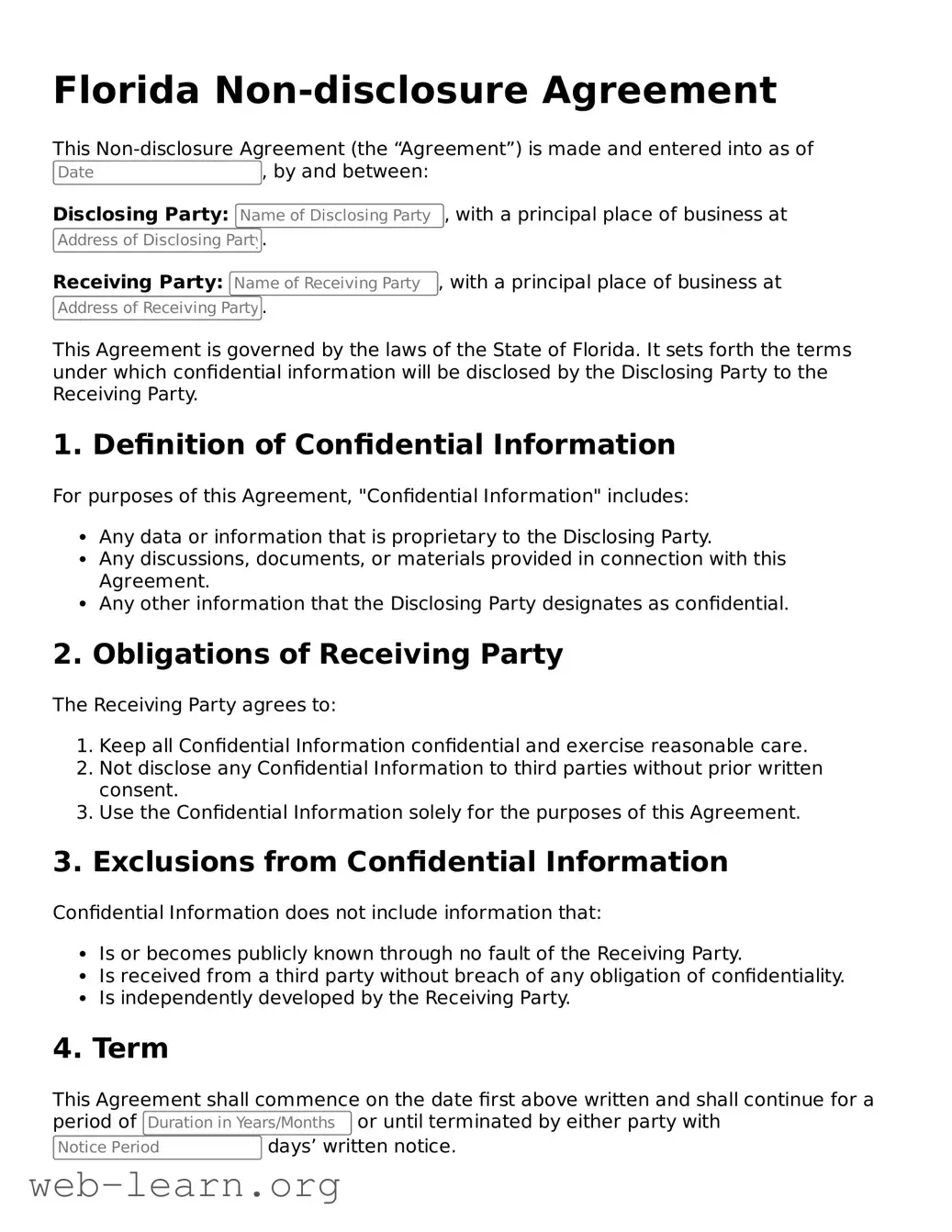 Attorney-Approved Non-disclosure Agreement Document for the State of Florida