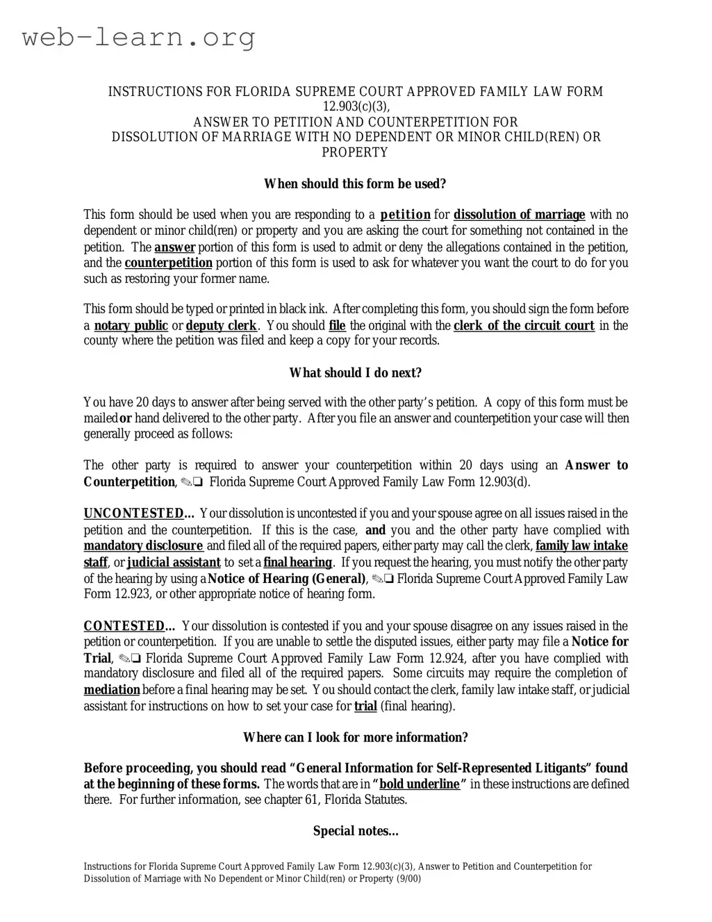 Blank Florida Answer to Petition and Counterpetition for Dissolution of Marriage Form