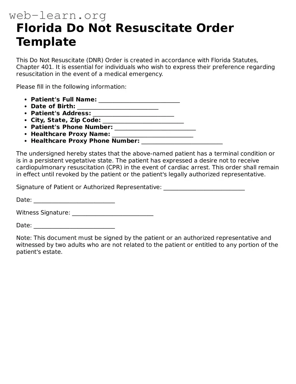 Attorney-Approved Do Not Resuscitate Order Document for the State of Florida