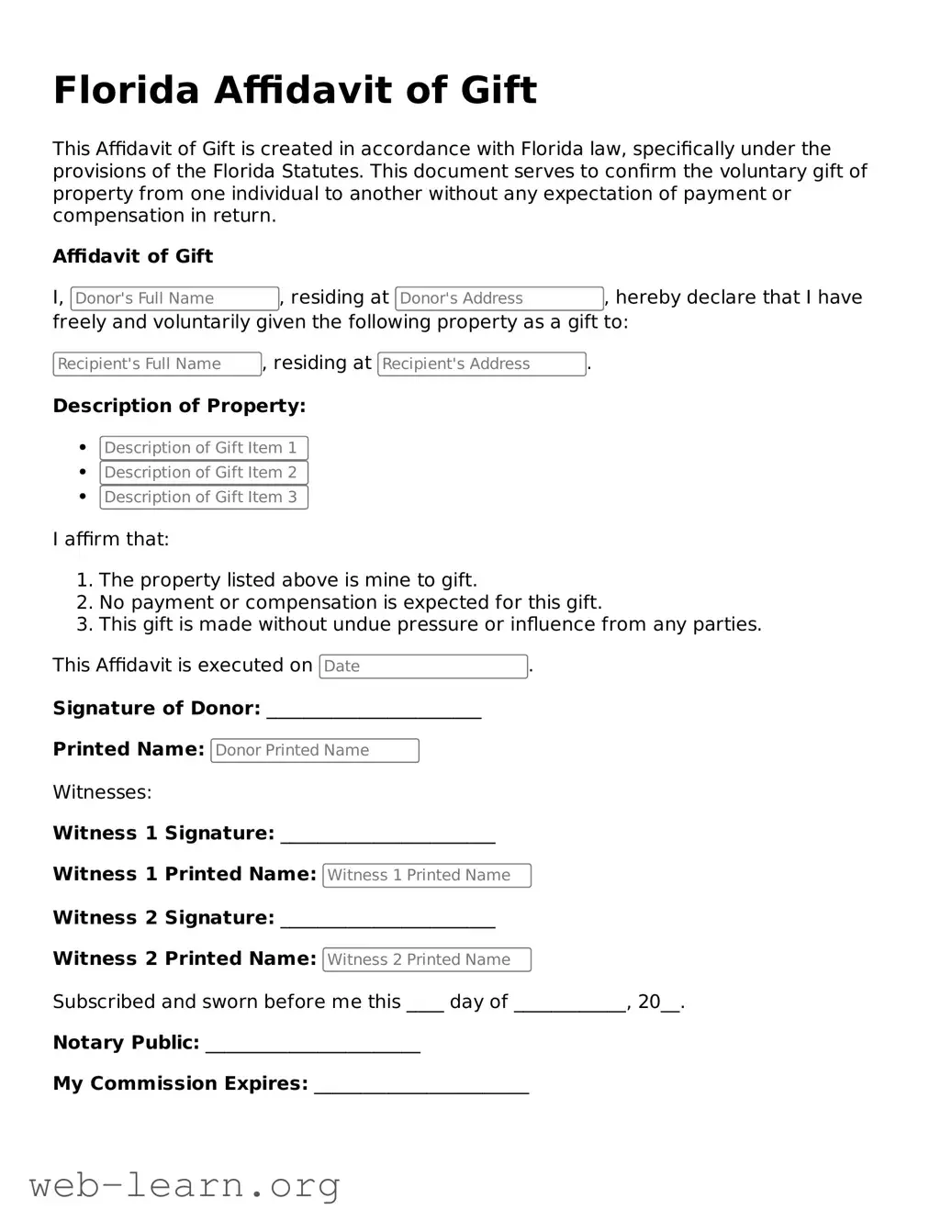 Attorney-Approved Affidavit of Gift Document for the State of Florida