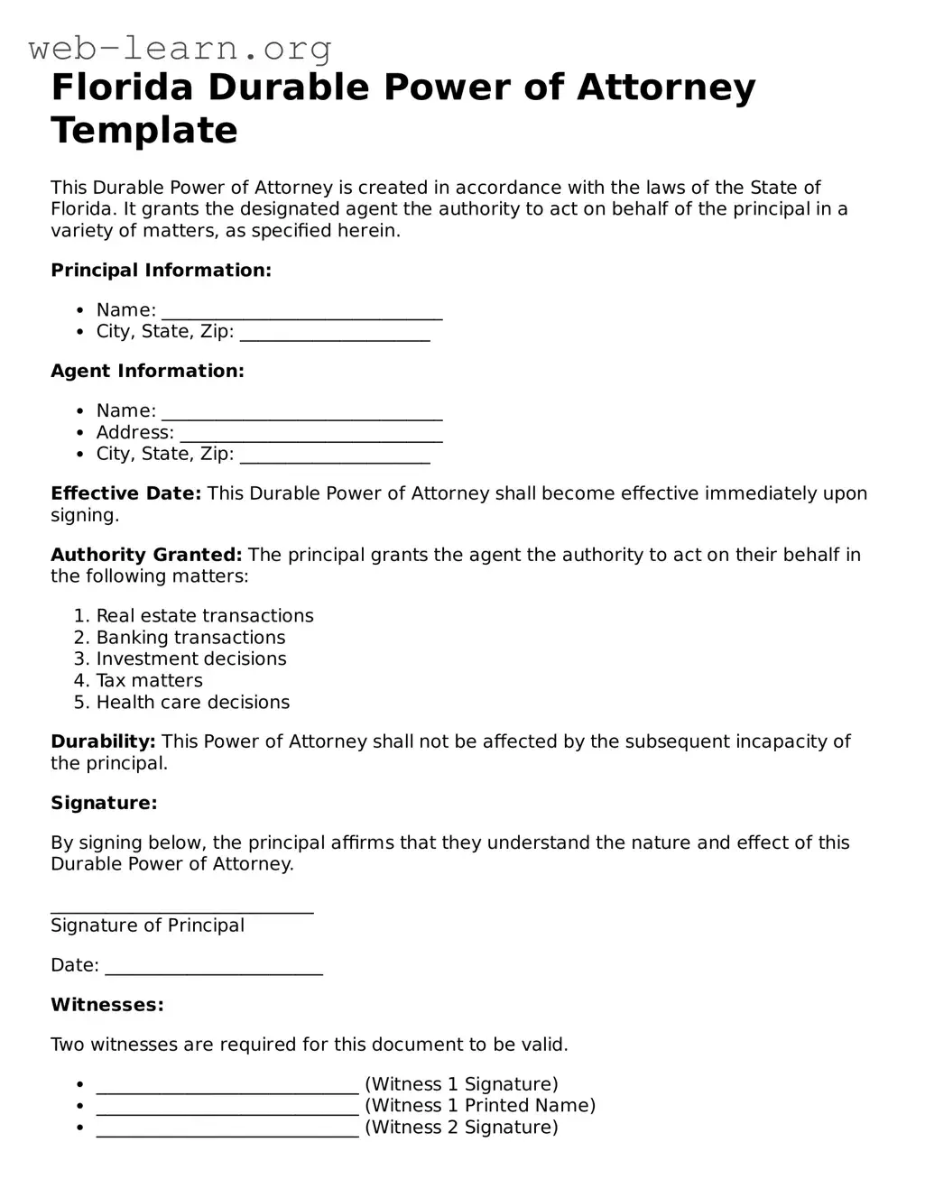 Attorney-Approved Durable Power of Attorney Document for the State of Florida