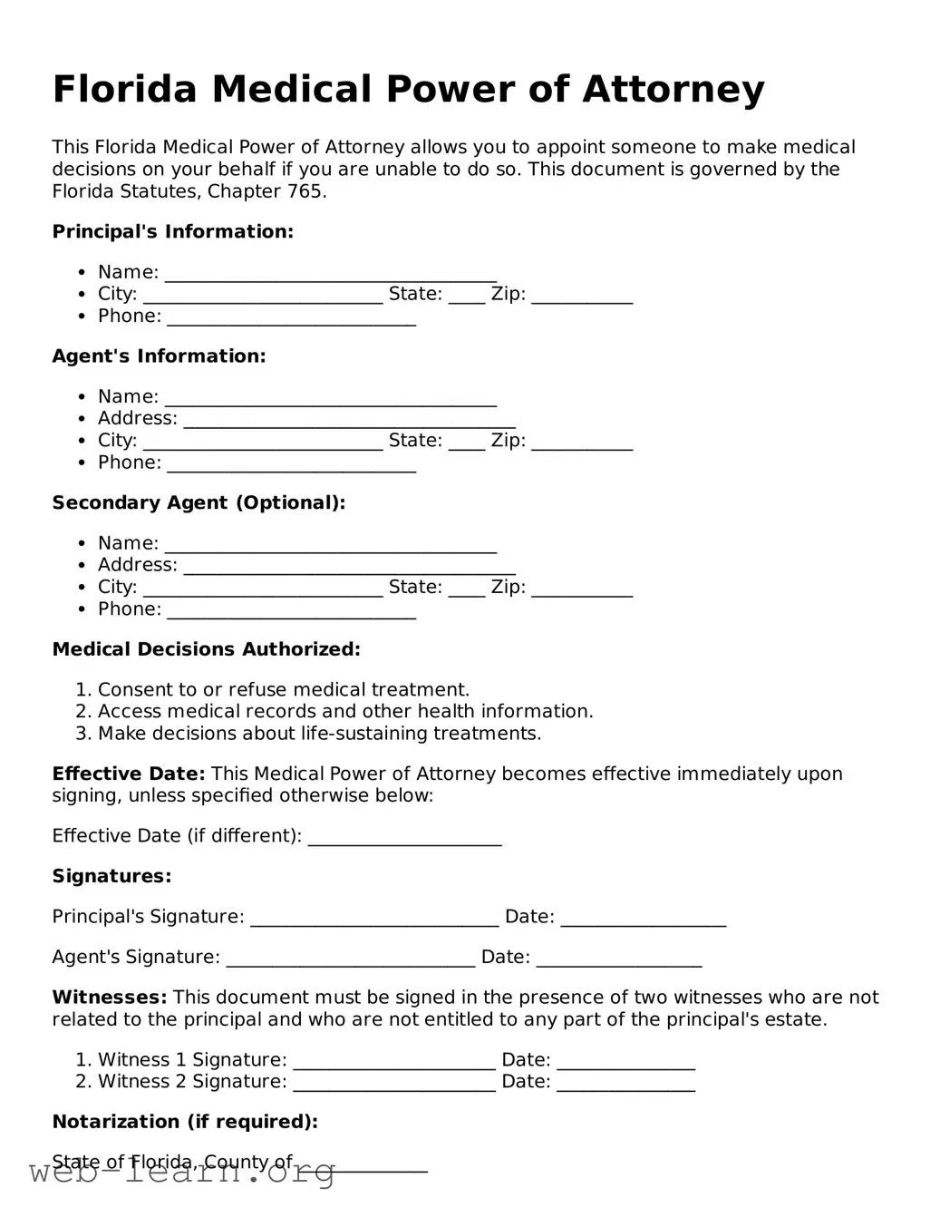 Attorney-Approved Medical Power of Attorney Document for the State of Florida