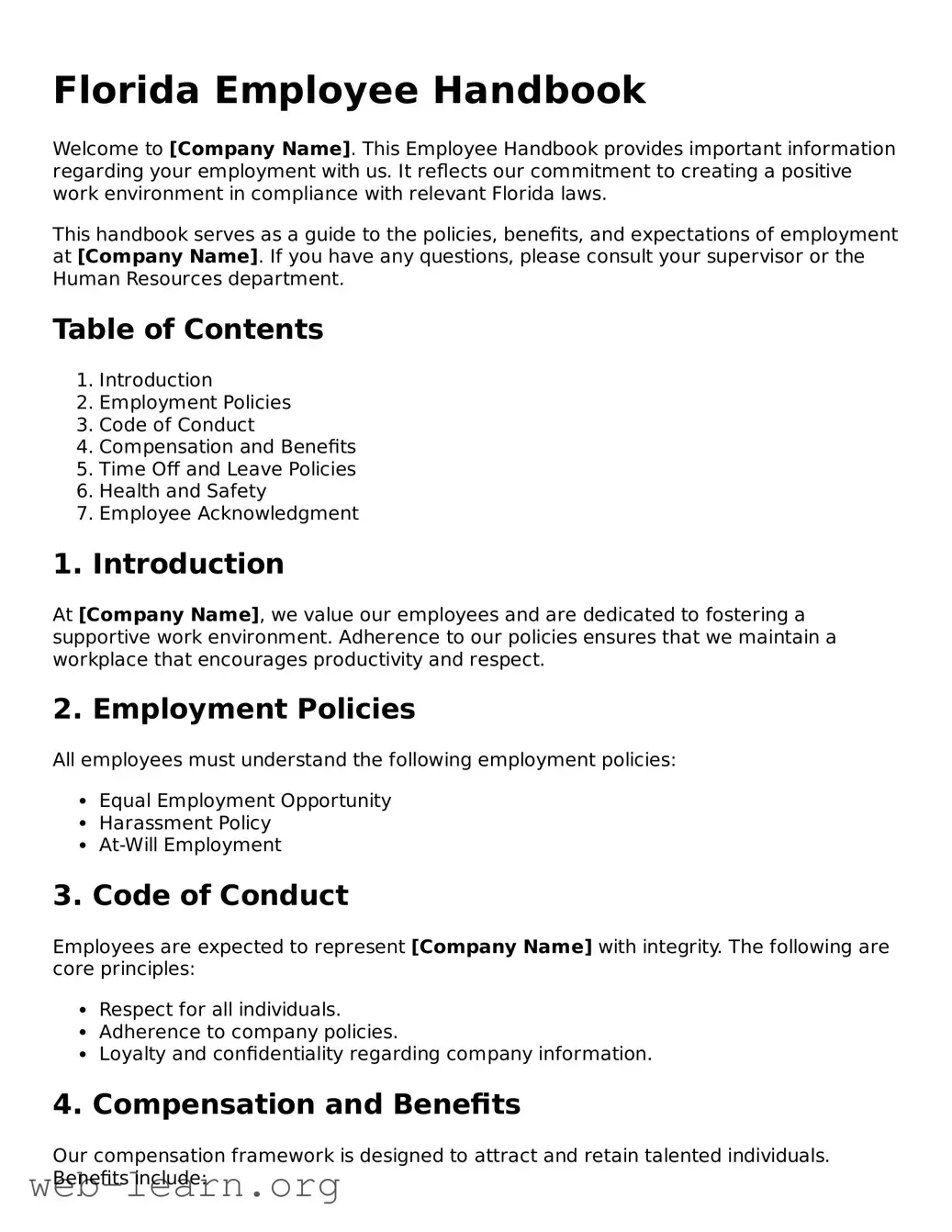 Attorney-Approved Employee Handbook Document for the State of Florida