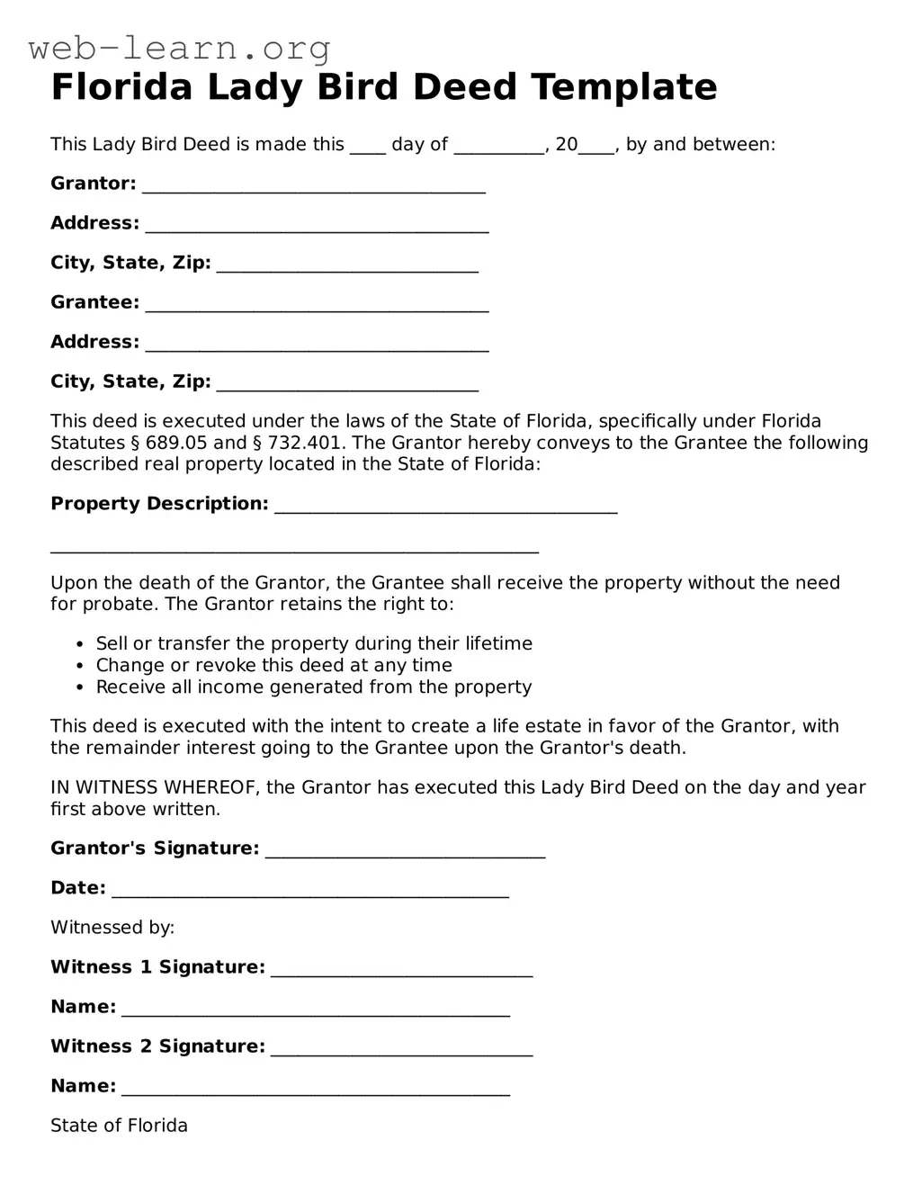 Attorney-Approved Lady Bird Deed Document for the State of Florida