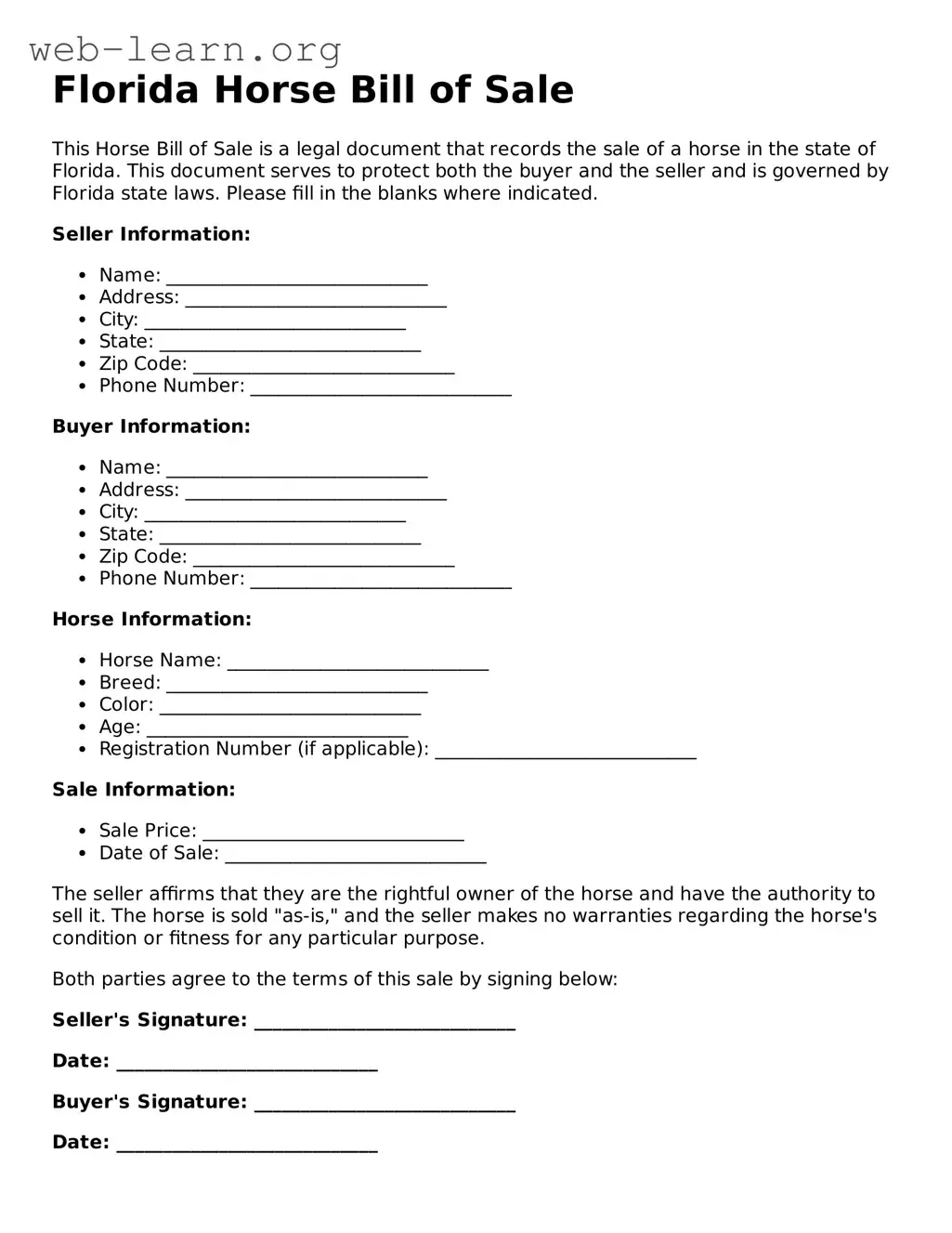 Attorney-Approved Horse Bill of Sale Document for the State of Florida