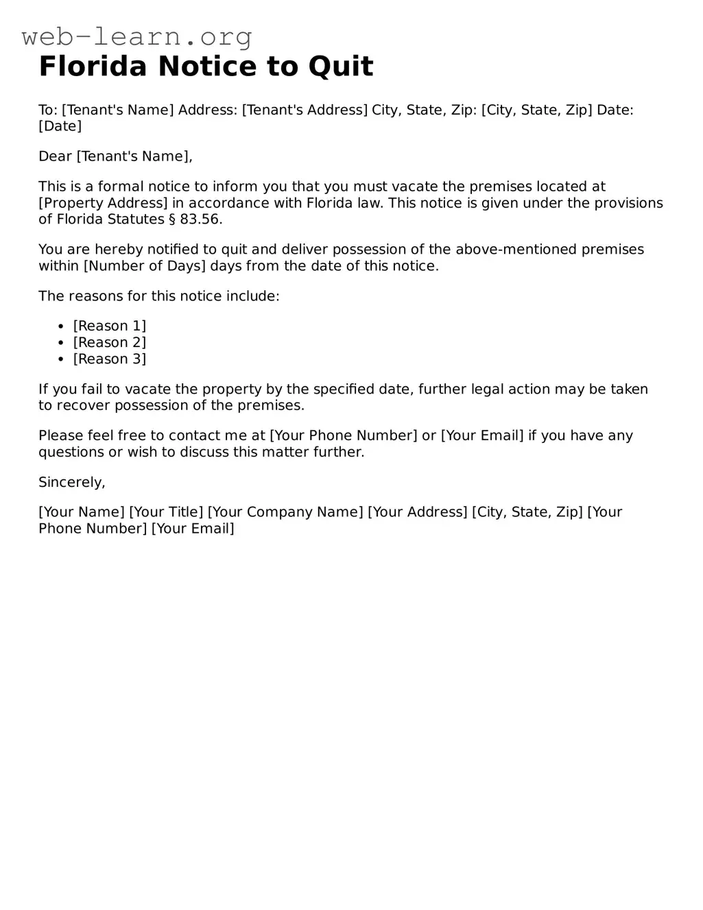 Attorney-Approved Notice to Quit Document for the State of Florida