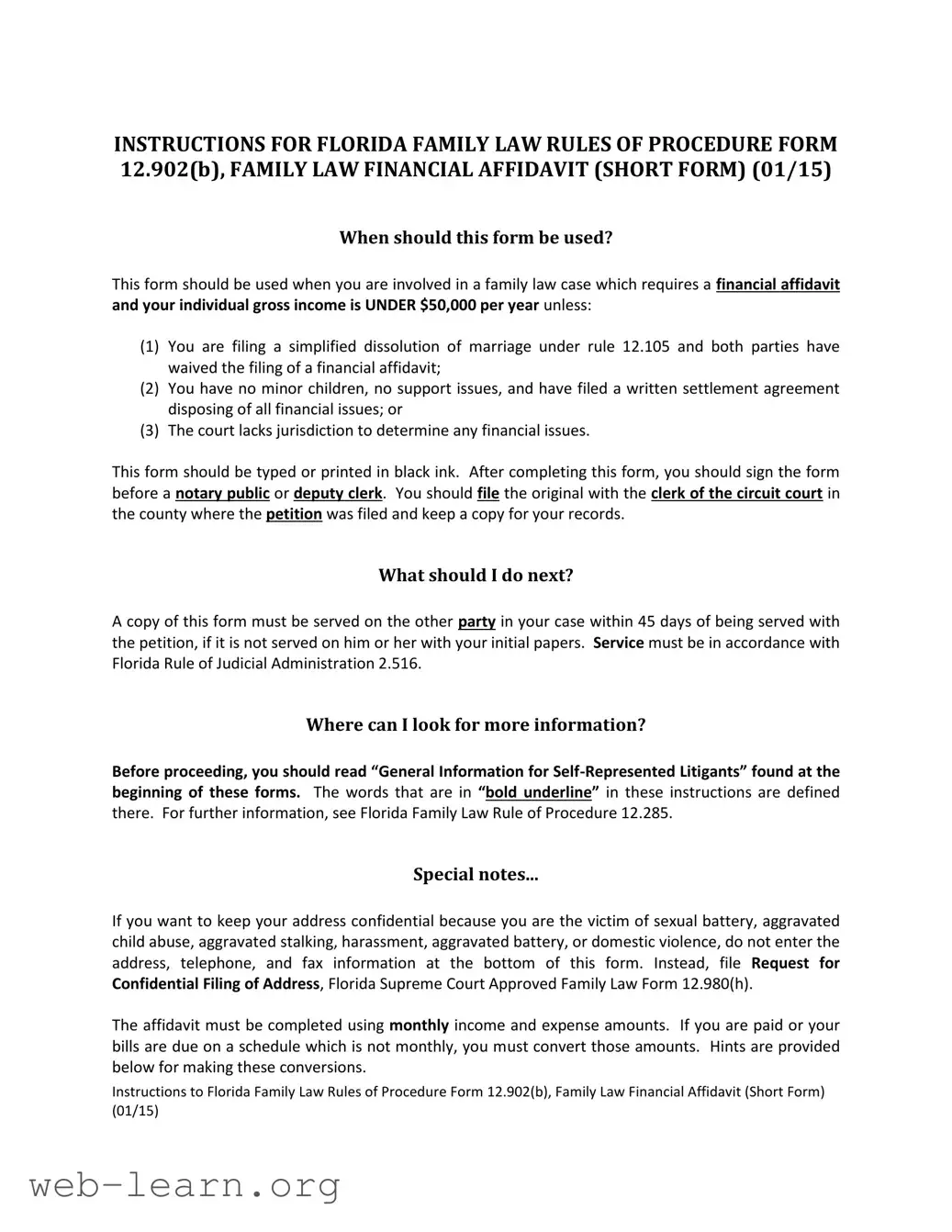 Blank Florida Financial Affidavit Short 12.902(b) Form
