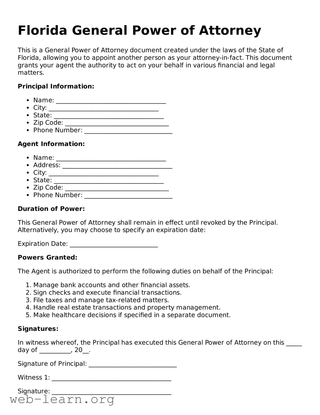 Attorney-Approved General Power of Attorney Document for the State of Florida
