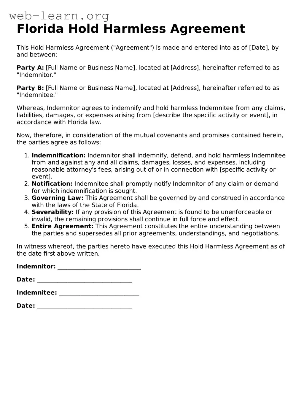 Attorney-Approved Hold Harmless Agreement Document for the State of Florida