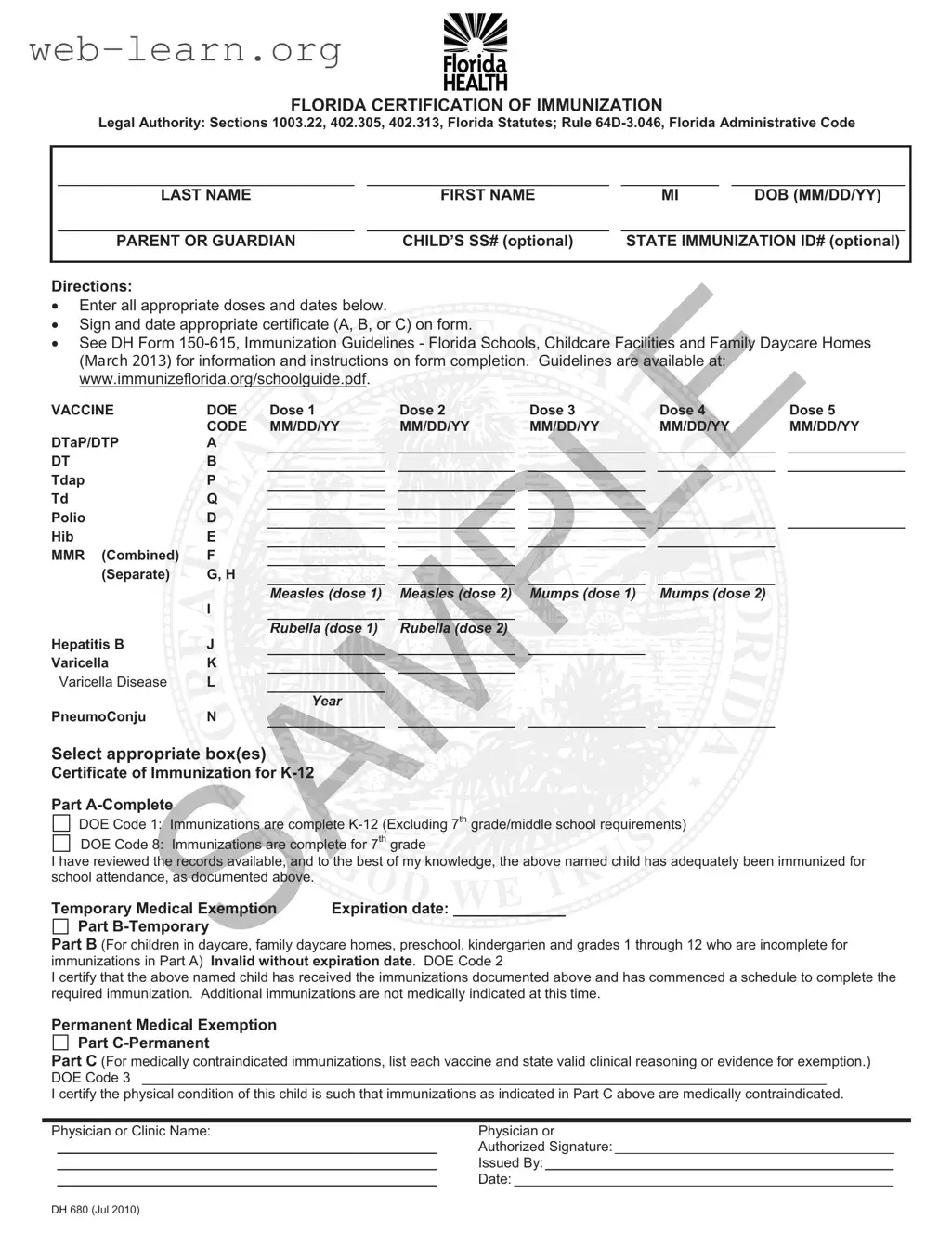 Blank Florida Medical Exemption Vaccine Form