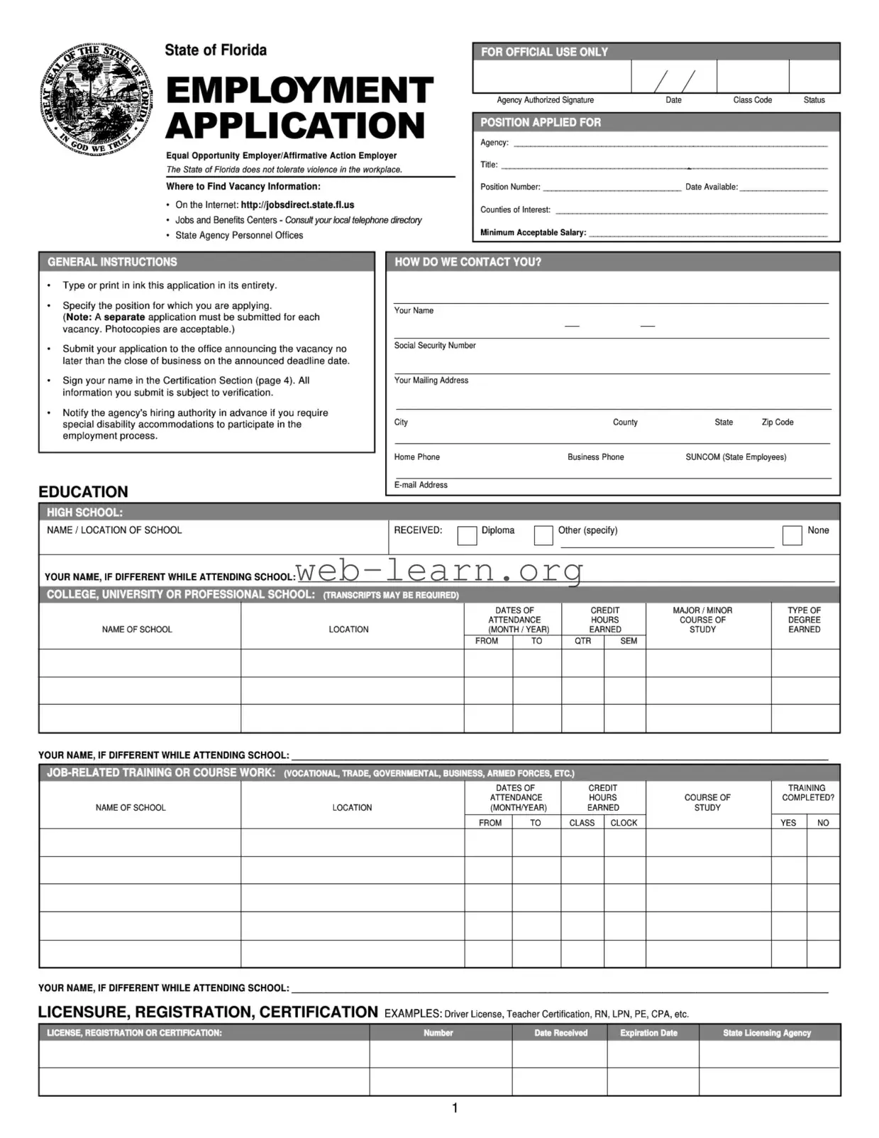 Blank State Florida Employment Application Form