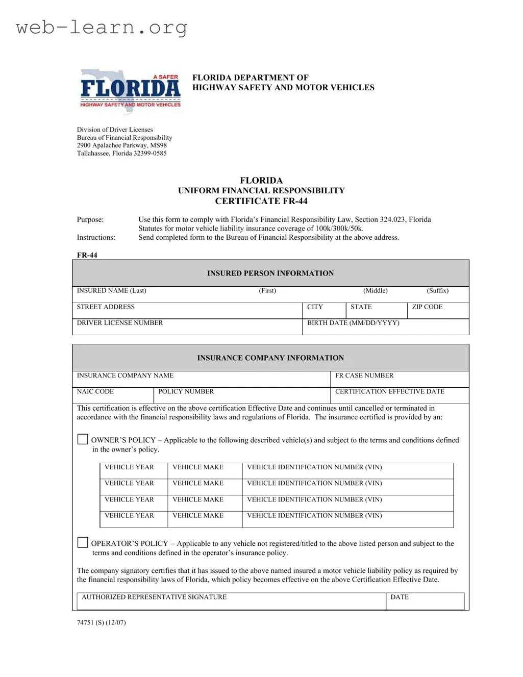 Blank Fr44 Florida Form