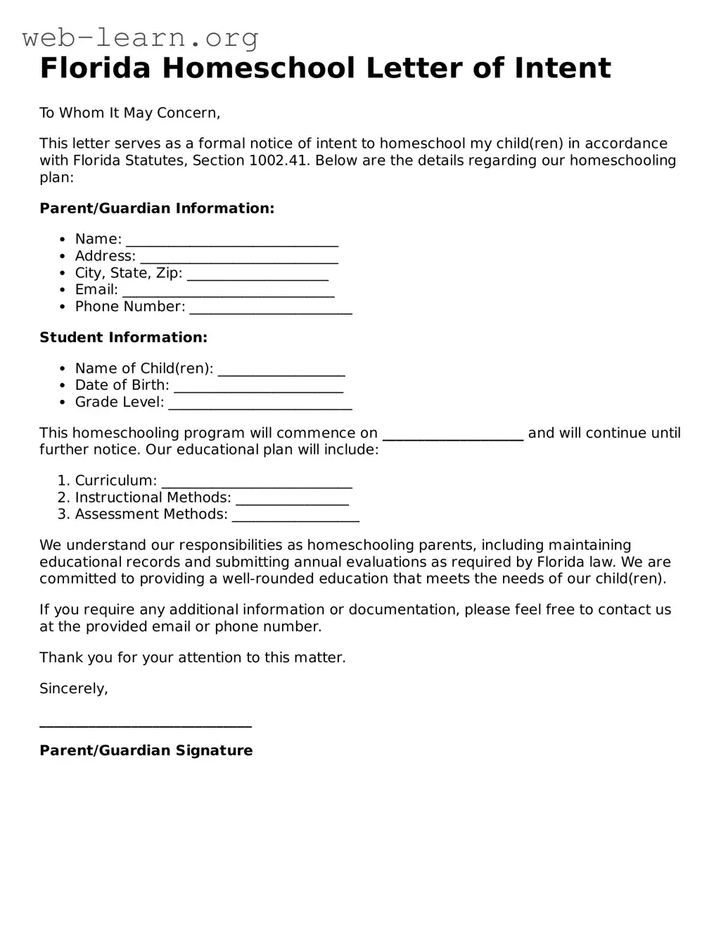 Attorney-Approved Homeschool Letter of Intent Document for the State of Florida