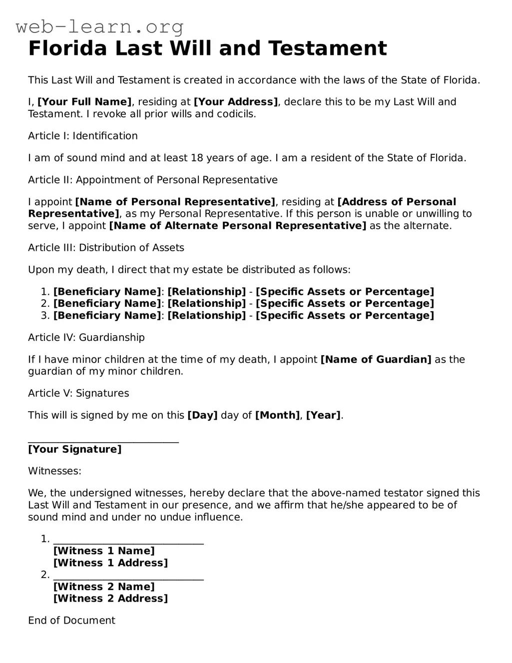 Attorney-Approved Last Will and Testament Document for the State of Florida