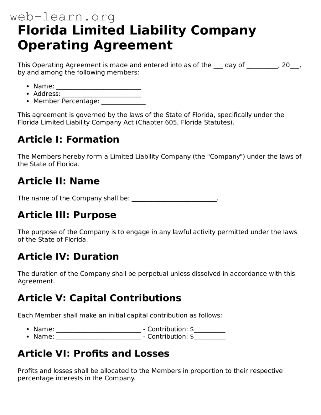 Attorney-Approved Operating Agreement Document for the State of Florida