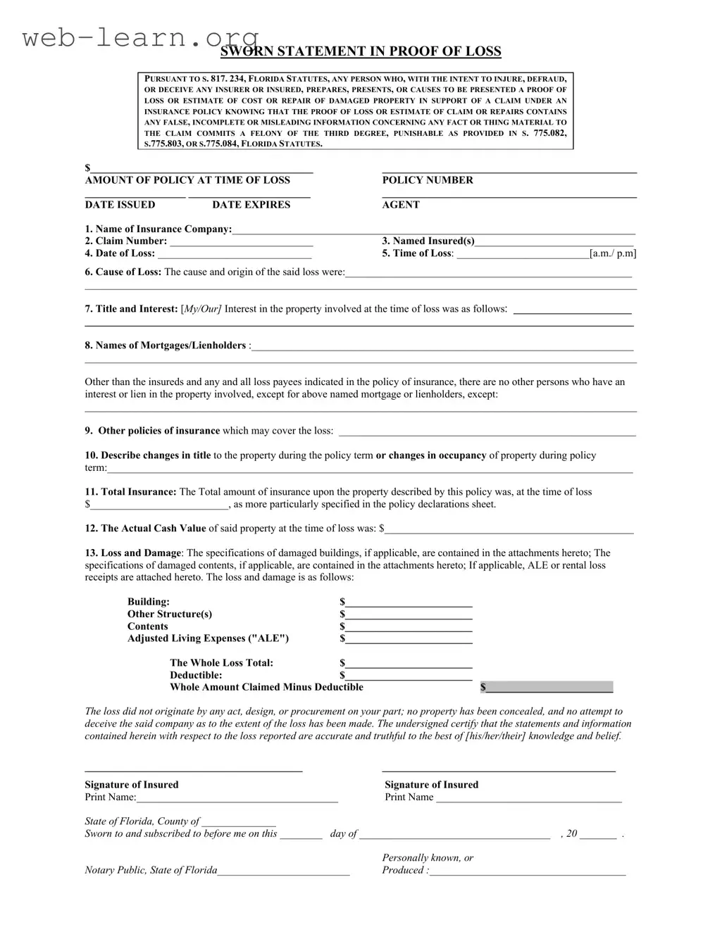 Blank Florida Proof Loss Form