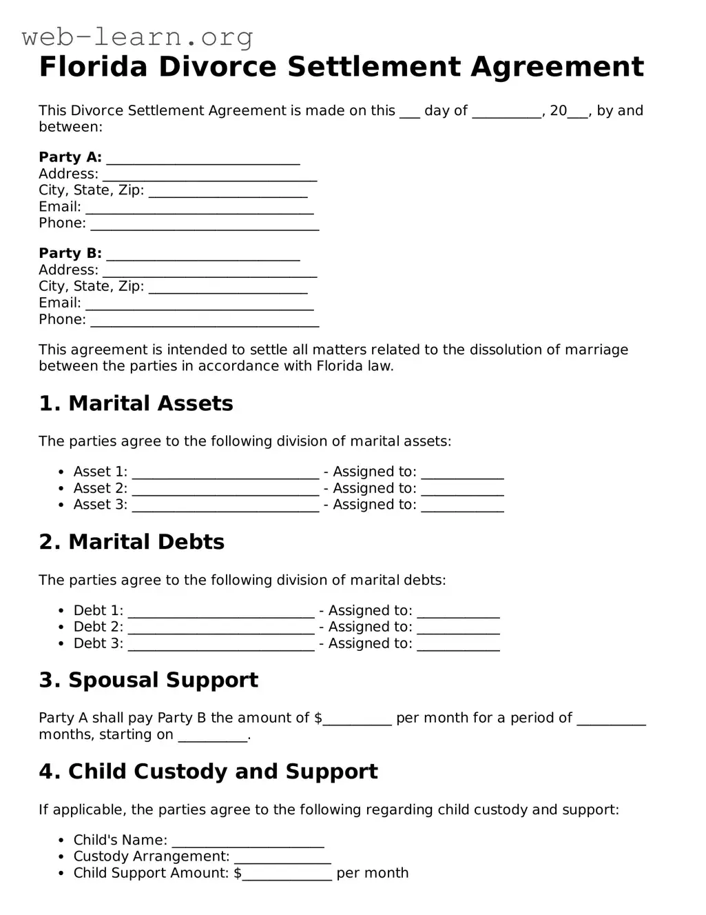 Attorney-Approved Divorce Settlement Agreement Document for the State of Florida