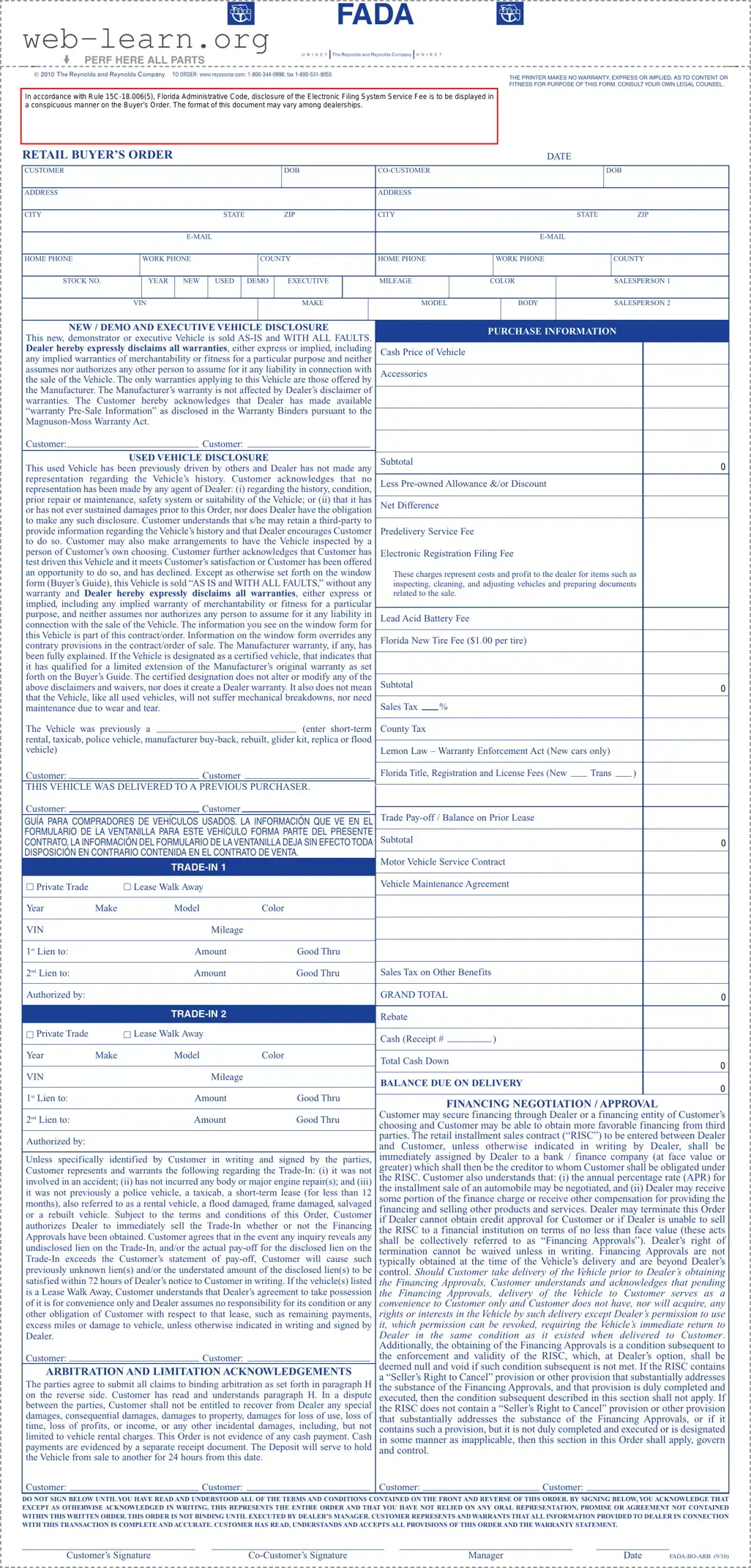 Blank Florida Buyers Order Form