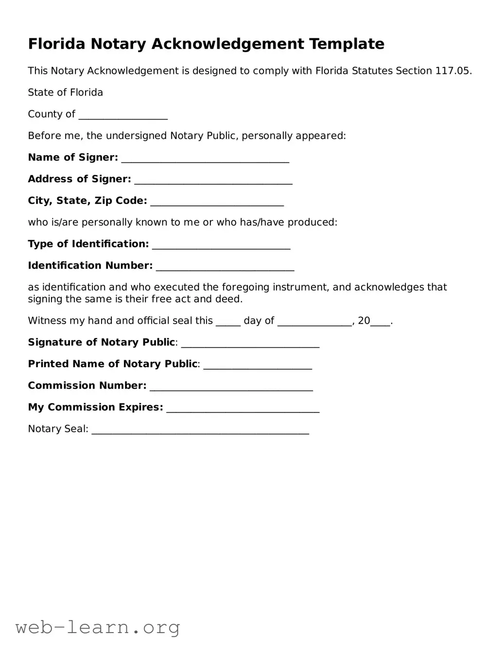 Attorney-Approved Notary Acknowledgement Document for the State of Florida