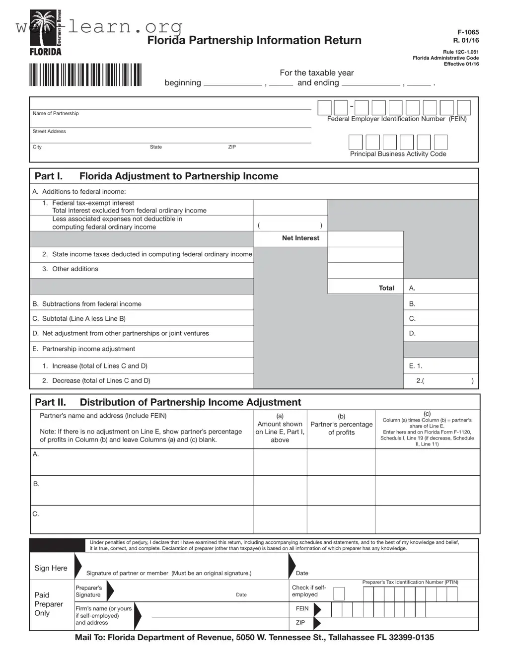 Blank Florida F 1065 Form