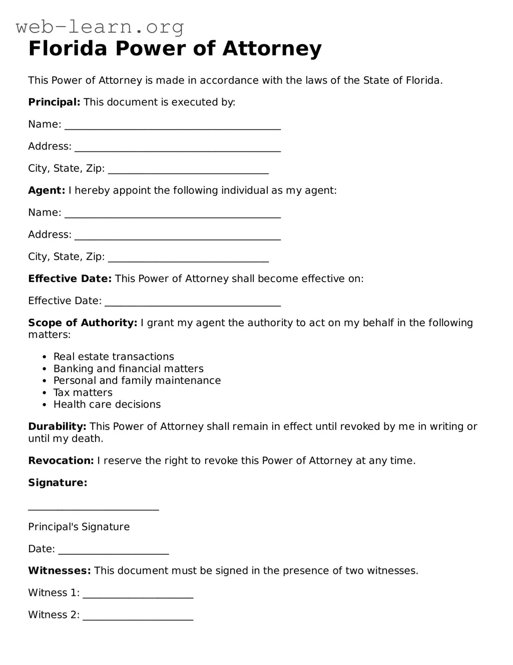 Attorney-Approved Power of Attorney Document for the State of Florida