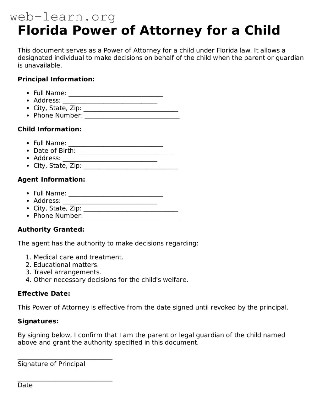 Attorney-Approved Power of Attorney for a Child Document for the State of Florida