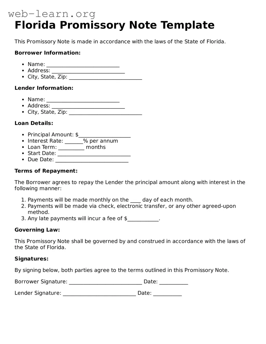 Attorney-Approved Promissory Note Document for the State of Florida