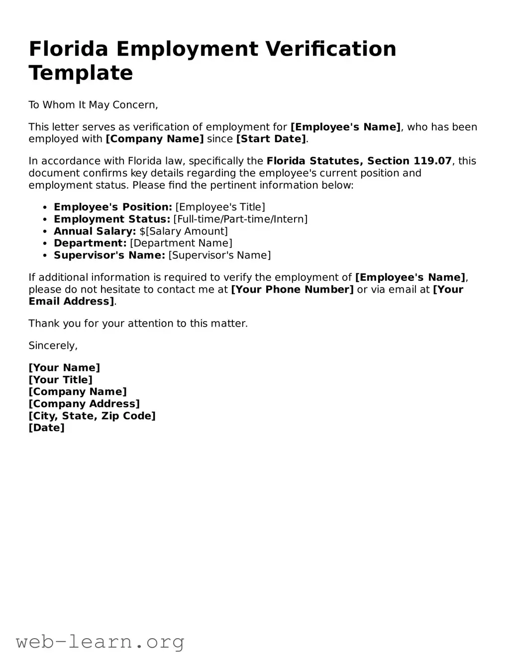 Attorney-Approved Employment Verification Document for the State of Florida