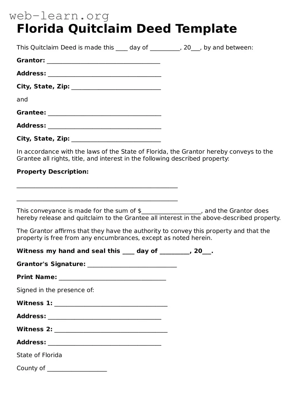 Attorney-Approved Quitclaim Deed Document for the State of Florida