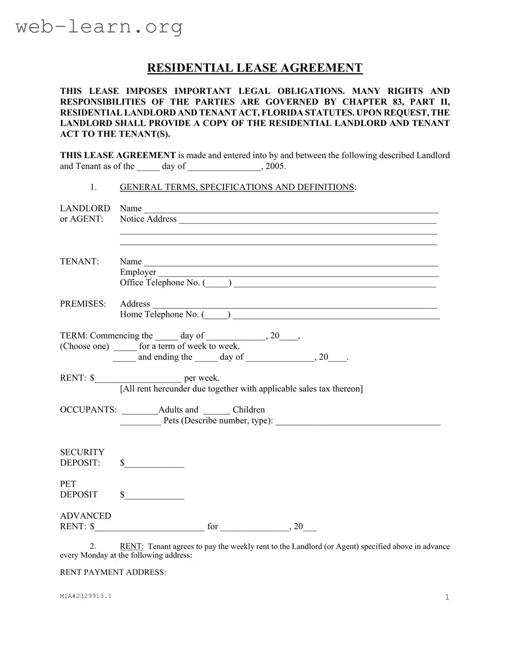 Blank Florida Residential Agreement Form