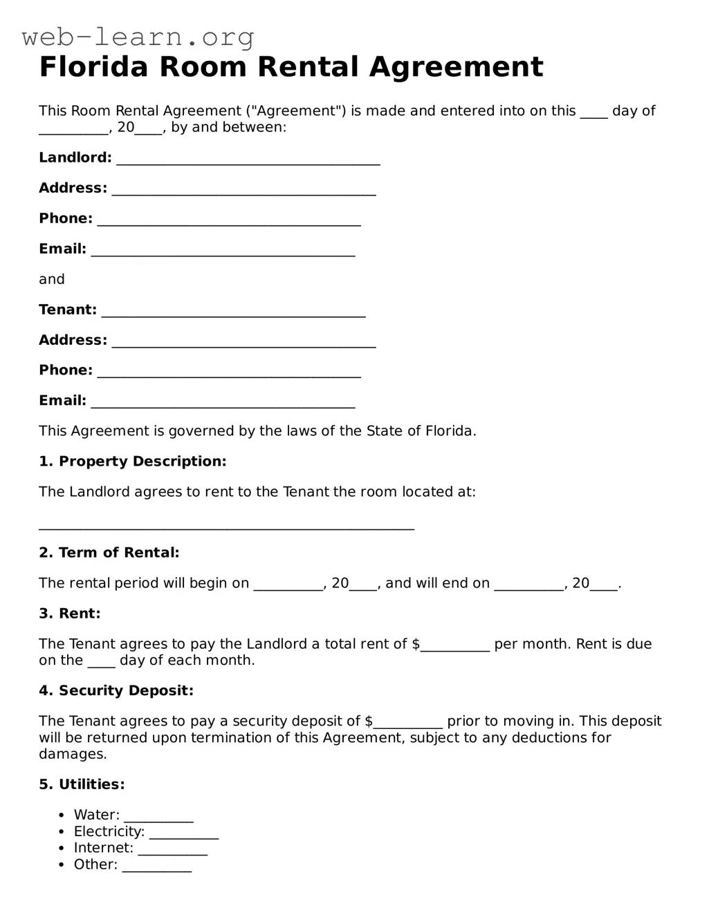 Attorney-Approved Room Rental Agreement Document for the State of Florida