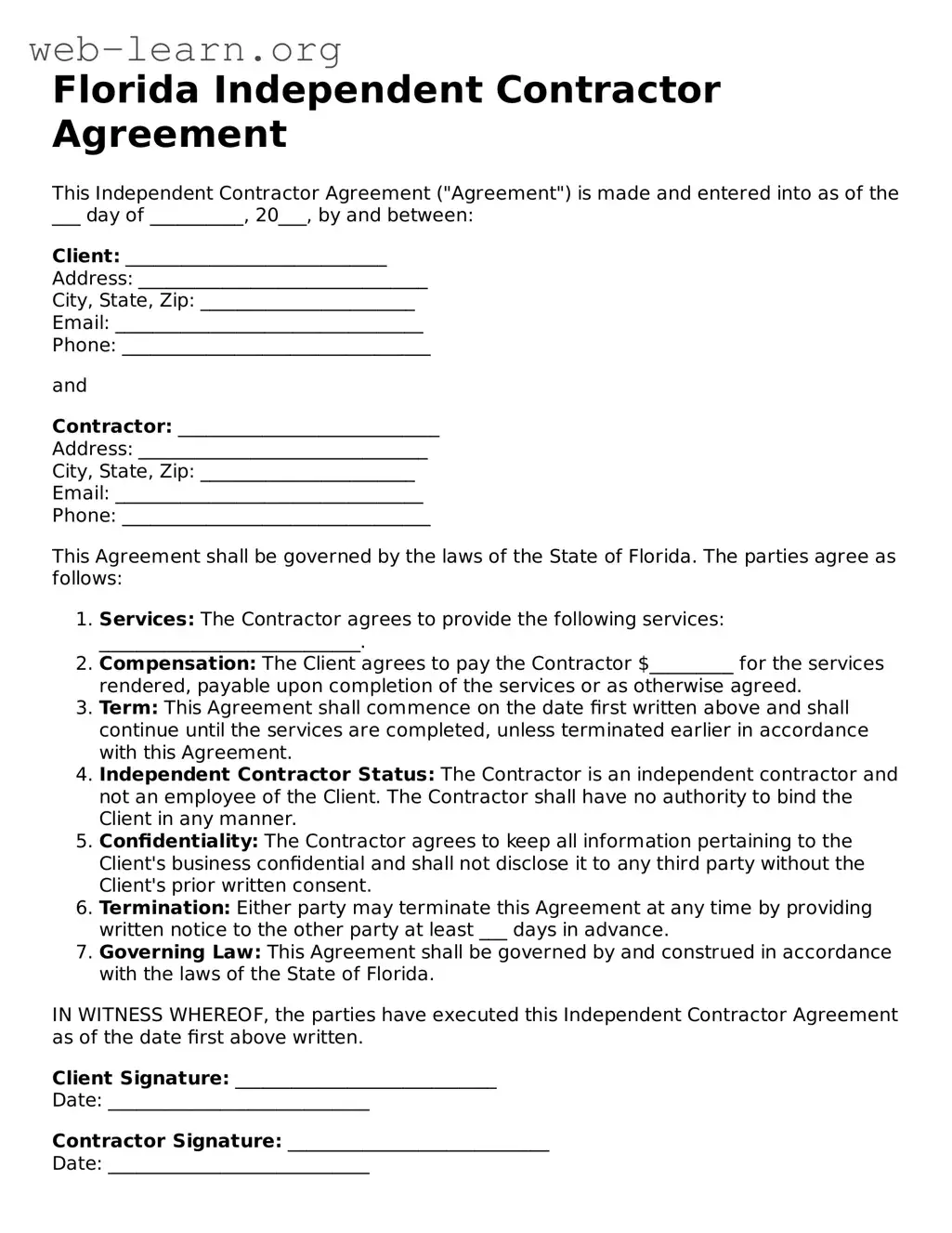 Attorney-Approved Independent Contractor Agreement Document for the State of Florida
