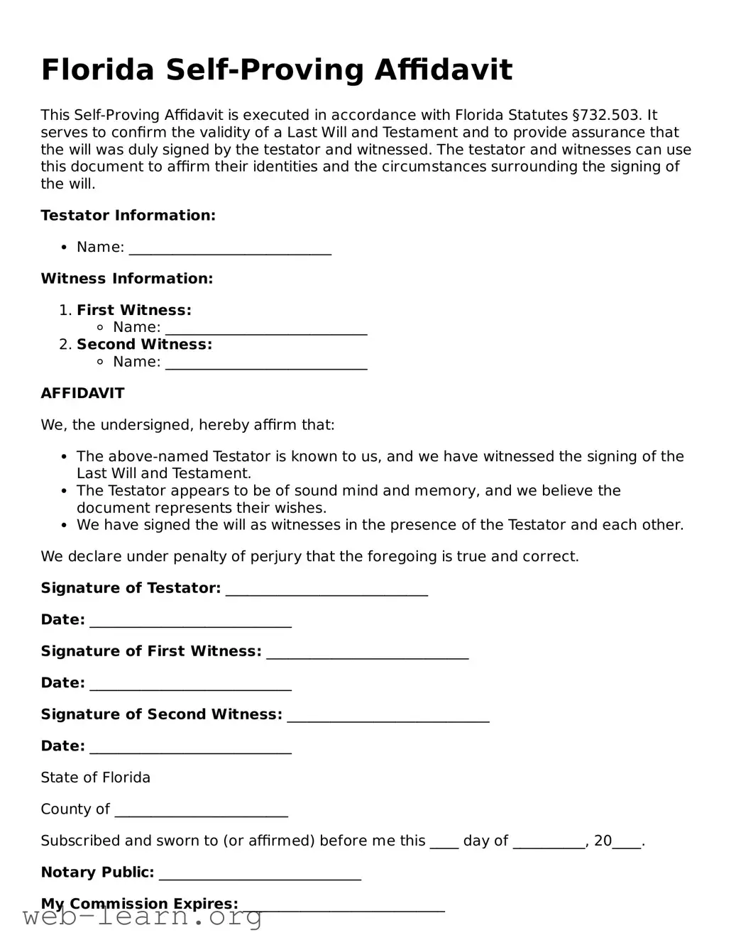 Attorney-Approved Self-Proving Affidavit Document for the State of Florida