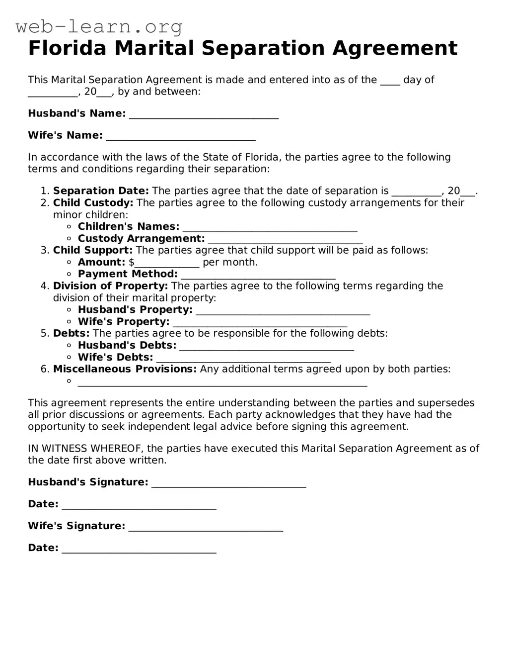 Attorney-Approved Marital Separation Agreement Document for the State of Florida
