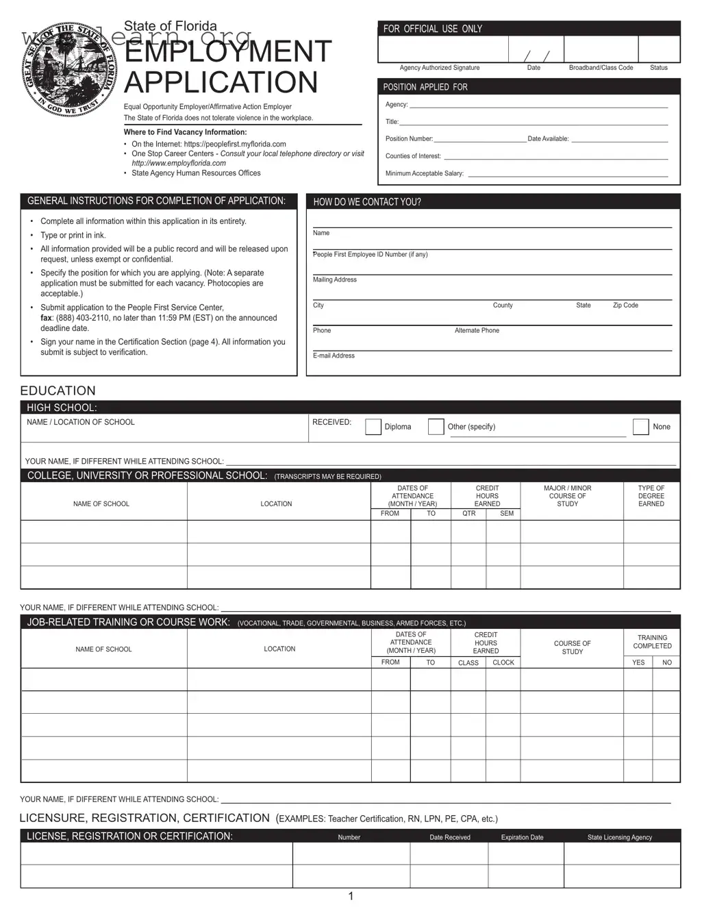 Blank Employment Application Florida Form