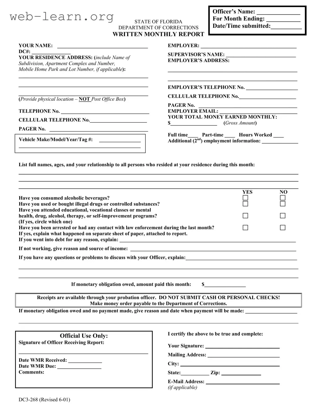 Blank Florida Monthly Report Form