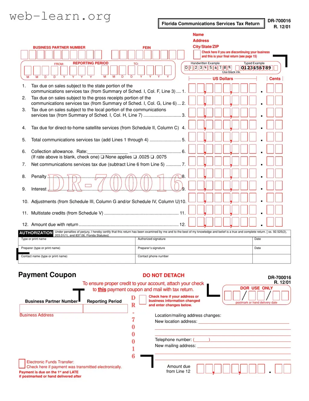 Blank Business Partner Number Florida Form