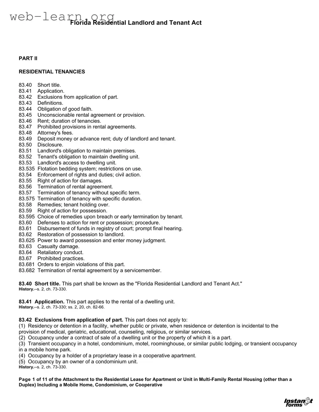 Blank Florida Landlord Tenant Act Form