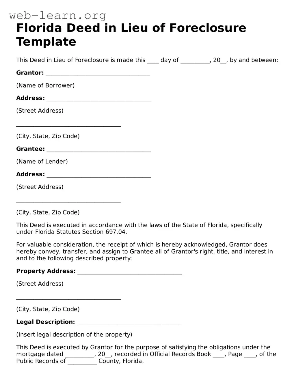 Attorney-Approved Deed in Lieu of Foreclosure Document for the State of Florida