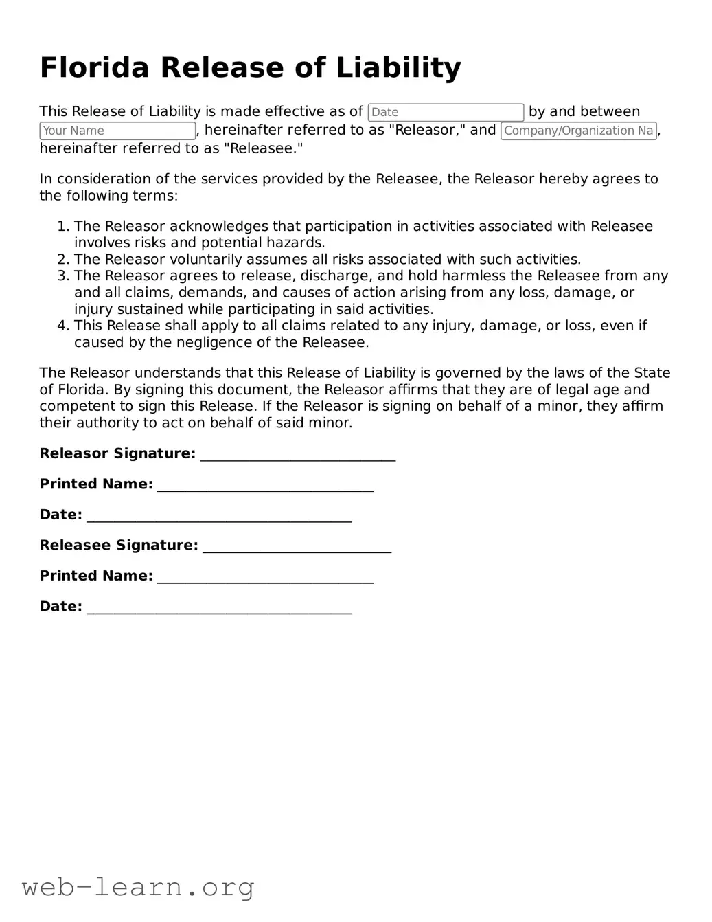 Attorney-Approved Release of Liability Document for the State of Florida